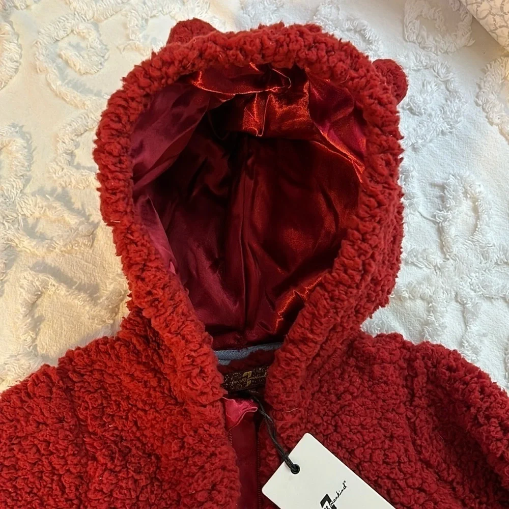 NWT 7 for All Madkind High Pile Fleece Pam in deep red, toddler size 24 months.